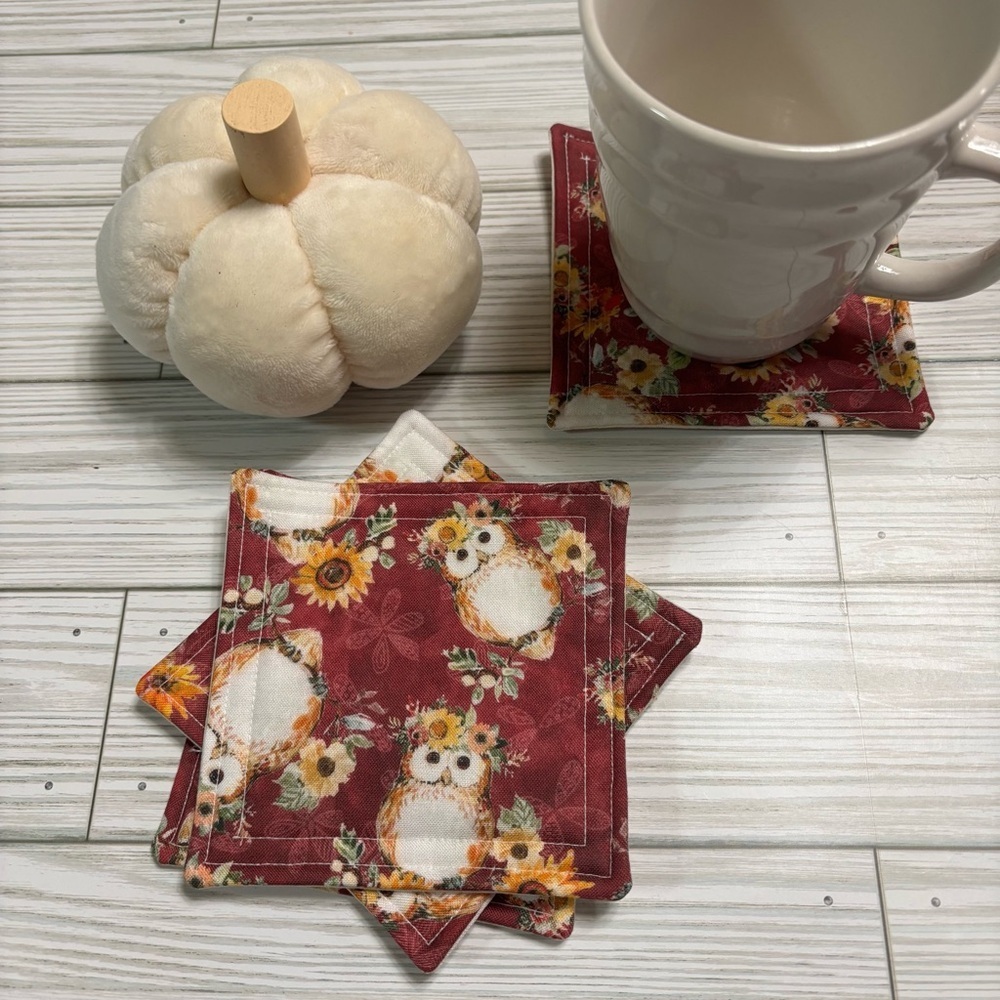 Handmade Fall Owl Print Reusable Washable Fabric Coaster Set